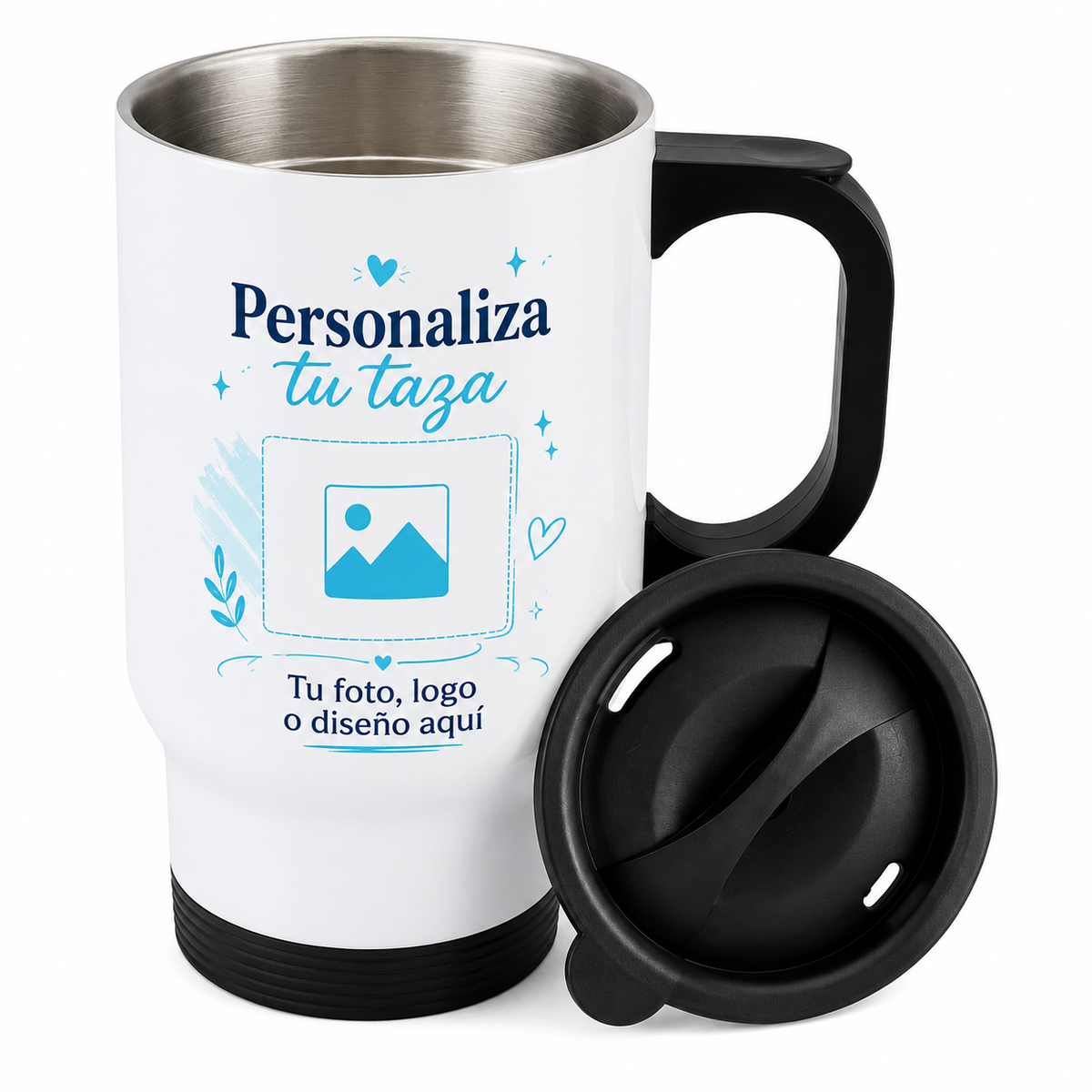 Mug Térmico Personalizado de Acero Inoxidable Blanco con Tapa 14 Oz
