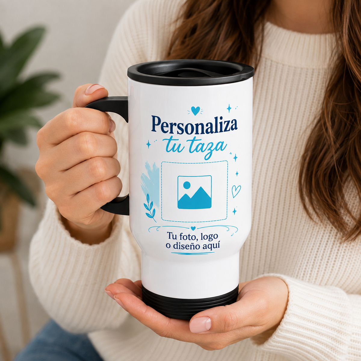 Mug Térmico Personalizado de Acero Inoxidable Blanco con Tapa 14 Oz