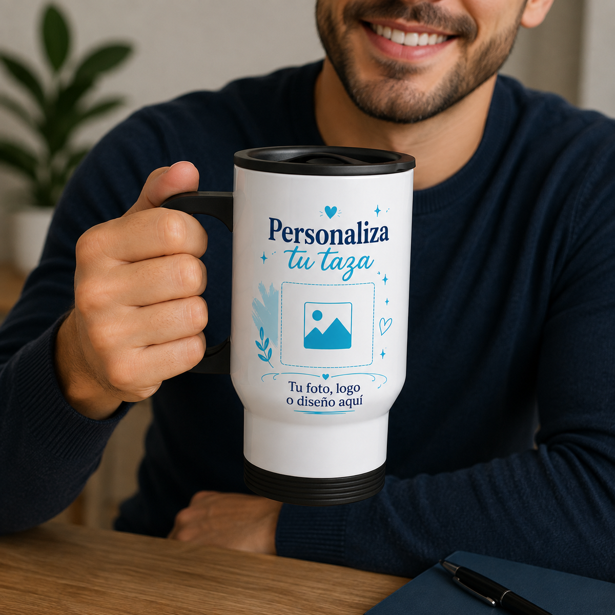 Mug Térmico Personalizado de Acero Inoxidable Blanco con Tapa 14 Oz