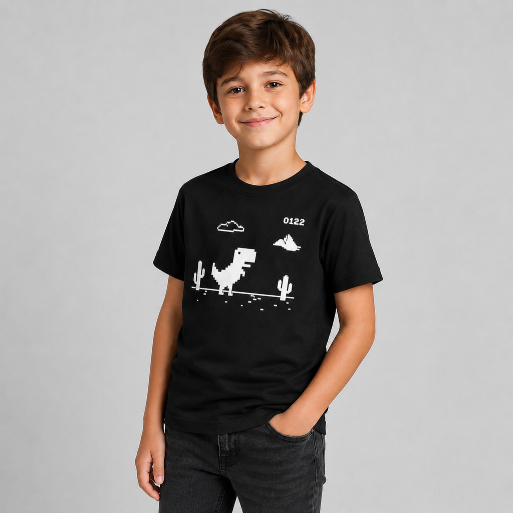 Polera Infantil Negra Dinosaurio Pixel – Juego Retro Sin Internet