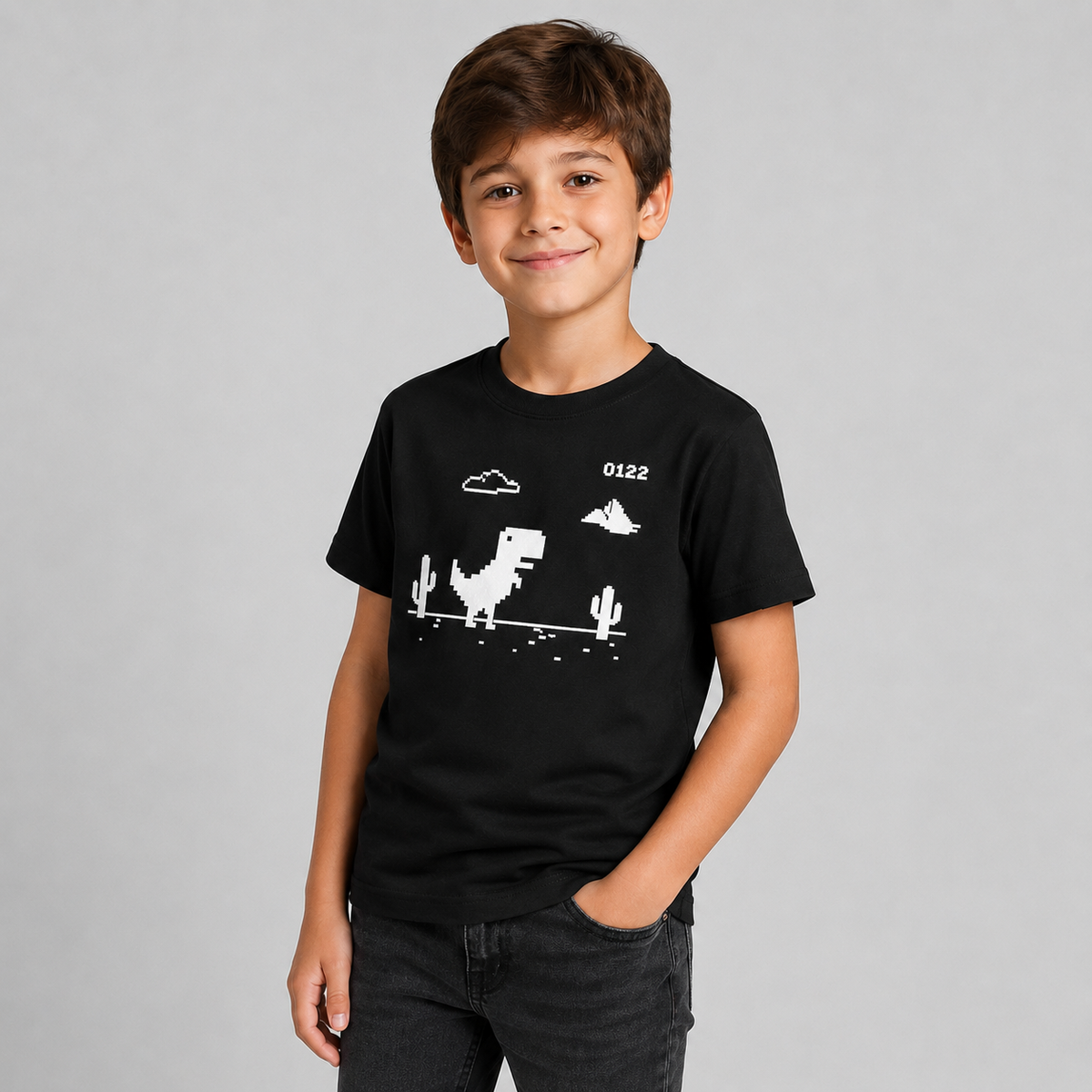Polera Infantil Negra Dinosaurio Pixel – Juego Retro Sin Internet