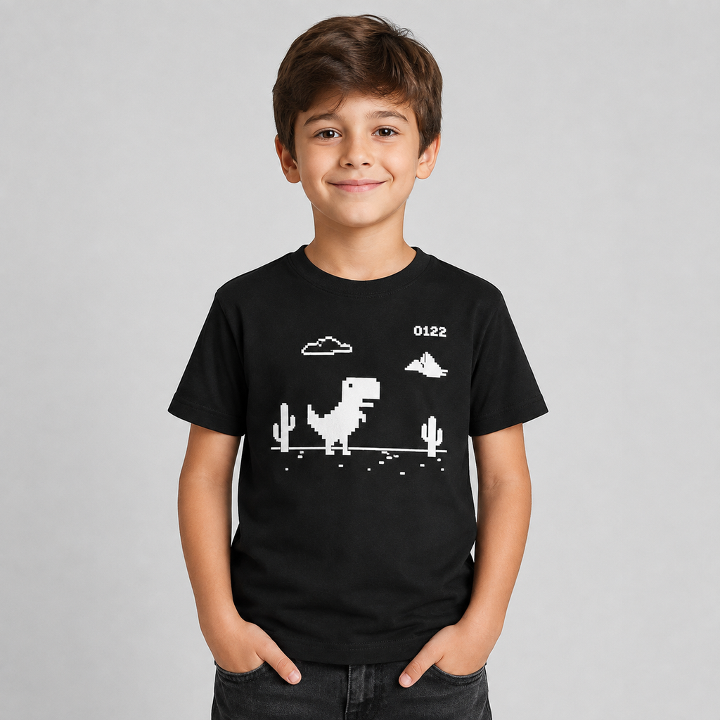 Polera Infantil Negra Dinosaurio Pixel – Juego Retro Sin Internet