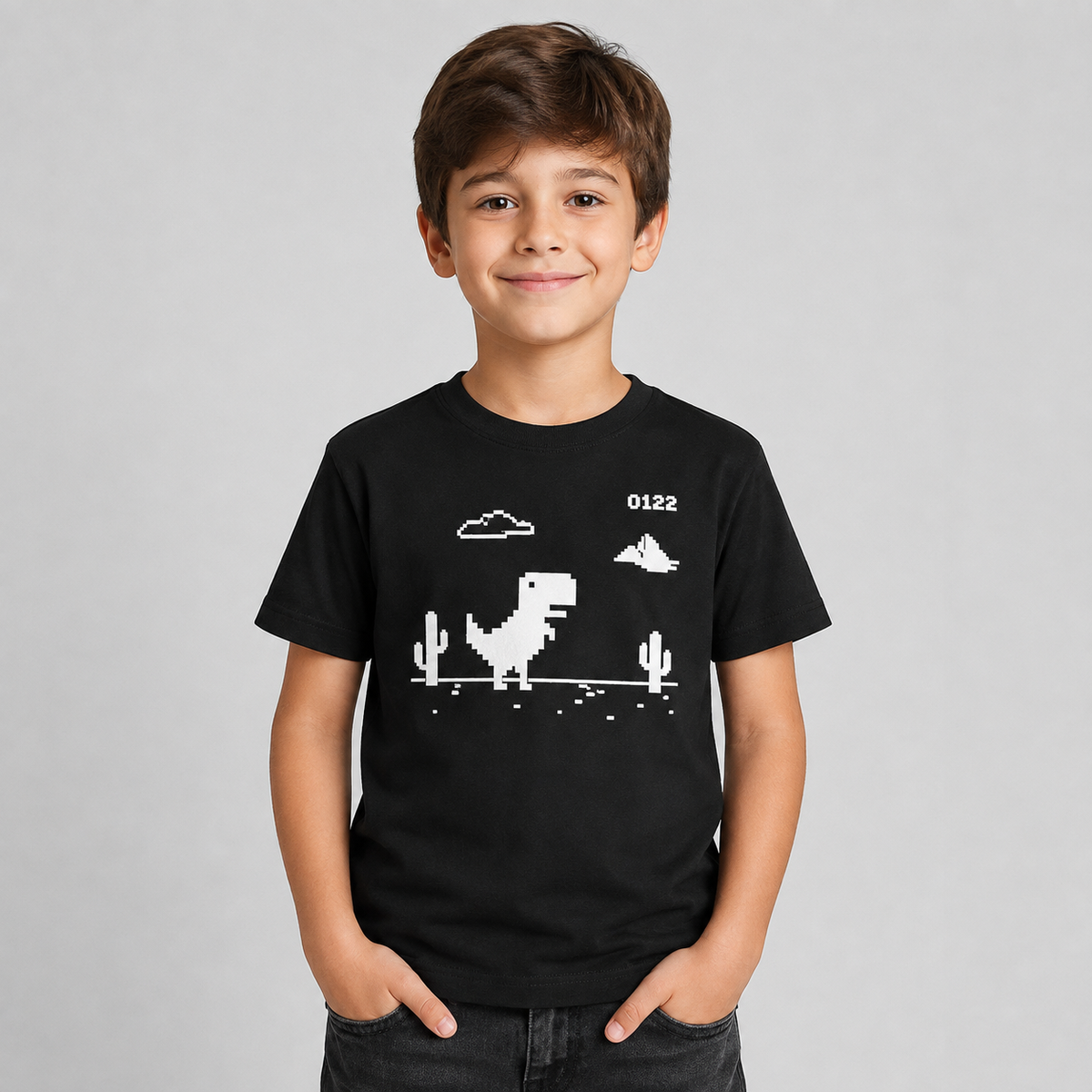 Polera Infantil Negra Dinosaurio Pixel – Juego Retro Sin Internet